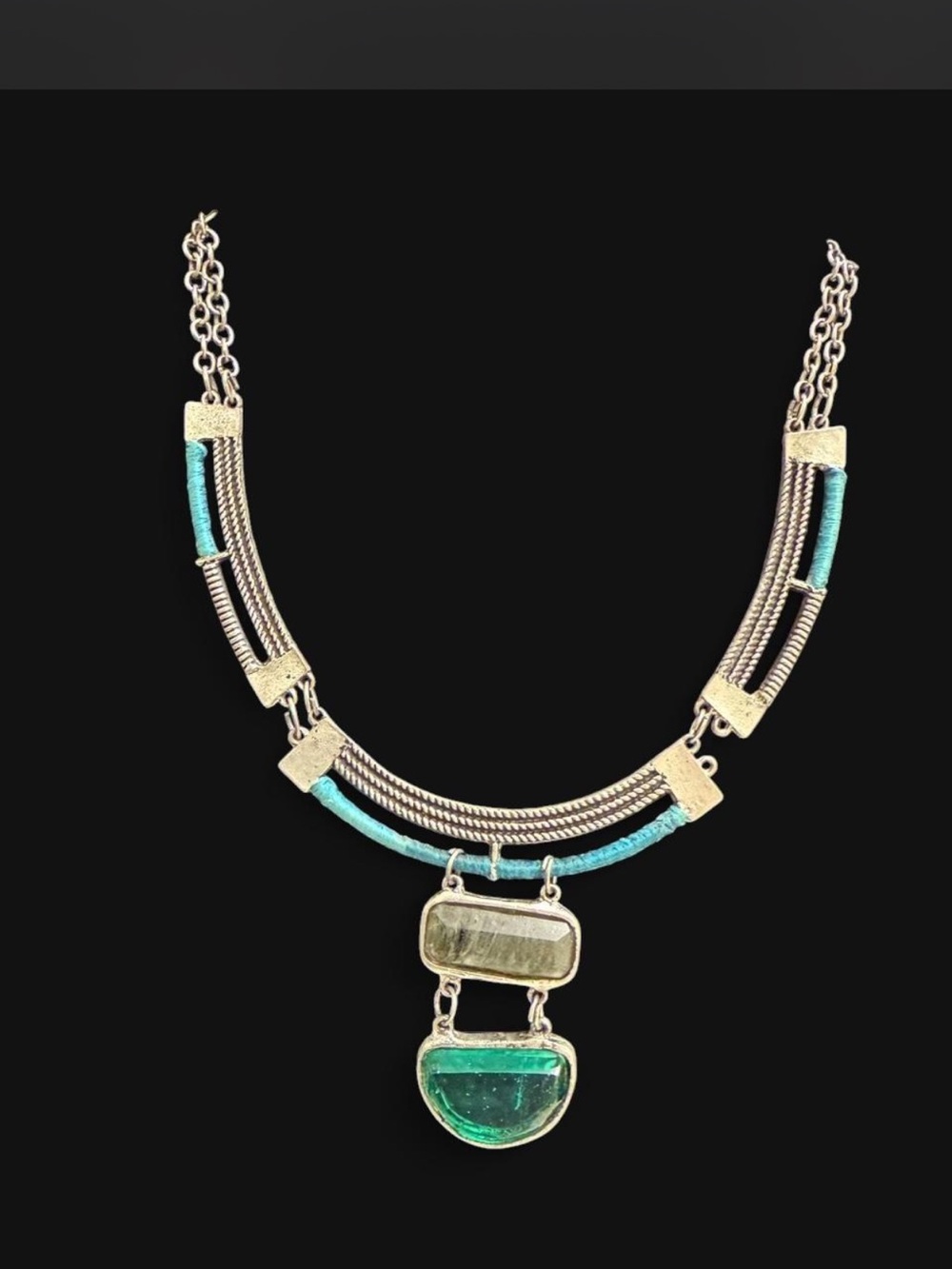 Silver-Tone Statement Necklace with Teal Cord and Green Glass Pendant